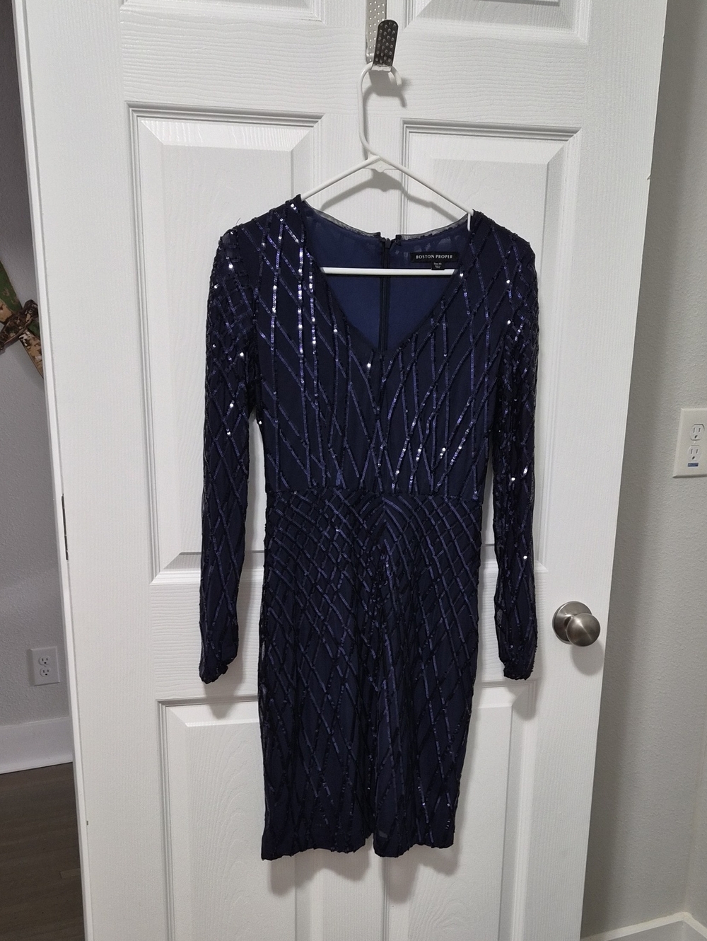 Boston Proper Navy Sequin Long-Sleeve V-Neck Dress